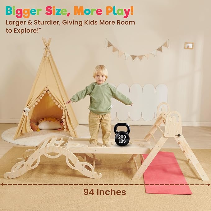 Pikler Triangle Set – 10 in 1 Foldable Montessori Indoor Climbing Toy with Yoga Mat & Cushion | Extra Large Wooden Play Set | Eco-Friendly | Ages 3+