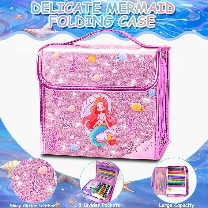 Mermaid Gifts for Girls, Washable Scented Markers Set for Kids, Include Glitter Pencil Case, Markers, Glitter Pens, Crayons 98Pcs Art Supplies Coloring Kit Birthday Christmas Gifts for Girls