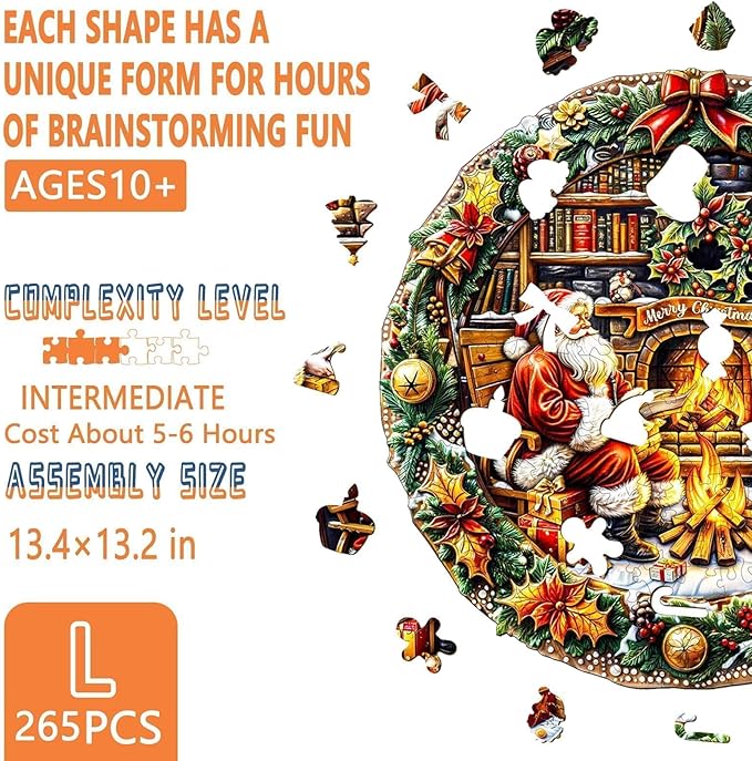 Christmas Best Gifts - Christmas Puzzle, Wooden Puzzles for Adults, Fireside Santa Wooden Jigsaw Puzzles for Adult, Xmas Wood Puzzles Adult, Round Gingerbread Puzzle (L-13.4 * 13.2in -265 Pieces)