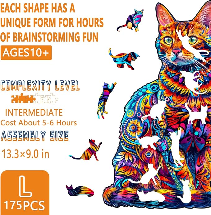 Wooden Puzzles for Adults - Bengal Cat Wooden Puzzle, Unique Animal Shape Wood Jigsaw Puzzles for Adults, Wood Puzzles Adult, Perfect for Birthday Gift, Family Puzzle, 175 Piece 13.3 x 9in Large