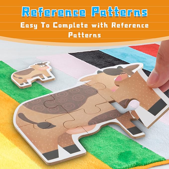 FLYINGSEEDS 6 Packs Farm Animals Shaped Wooden Jigsaw Puzzles with Pattern Blocks for Beginner, Toddler Puzzles Ages 1-3, Montessori Learning Toys Preschool Educational Activity for Kids Ages 2-5