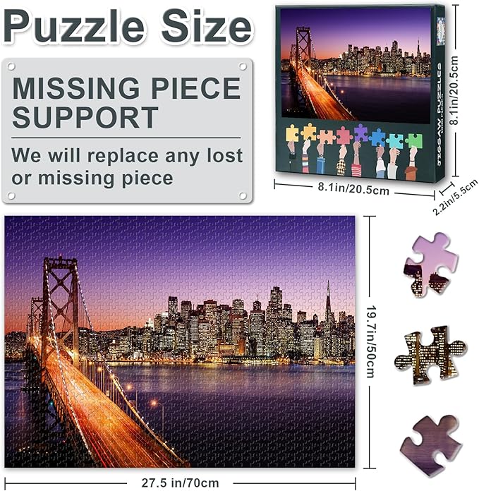 Puzzles for Adults 1000 Pieces - San Francisco Skyline and Bay Bridge Jigsaw Puzzle (27.5x19.7 Inch), California Cityscape Challenging Puzzles for Adults, Family Game for Men & Women
