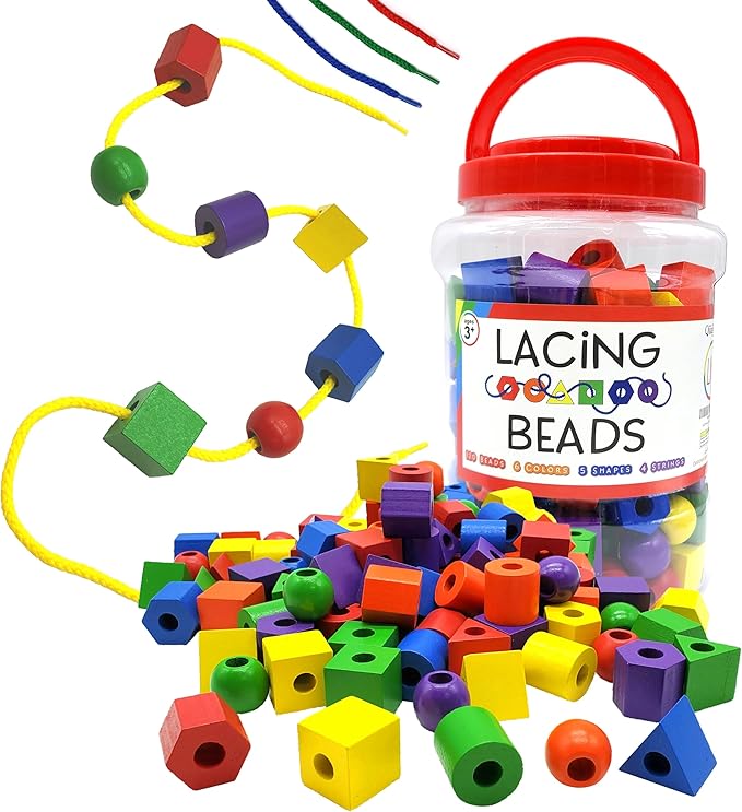 Wooden Lacing Beads for Toddlers 1-3 & 3-5 – 125 PCS with Storage Tub | Stringing Beads for Toddlers 1-3 & Fine Motor Skills Toy for Hand-Eye Coordination & Color Sorting