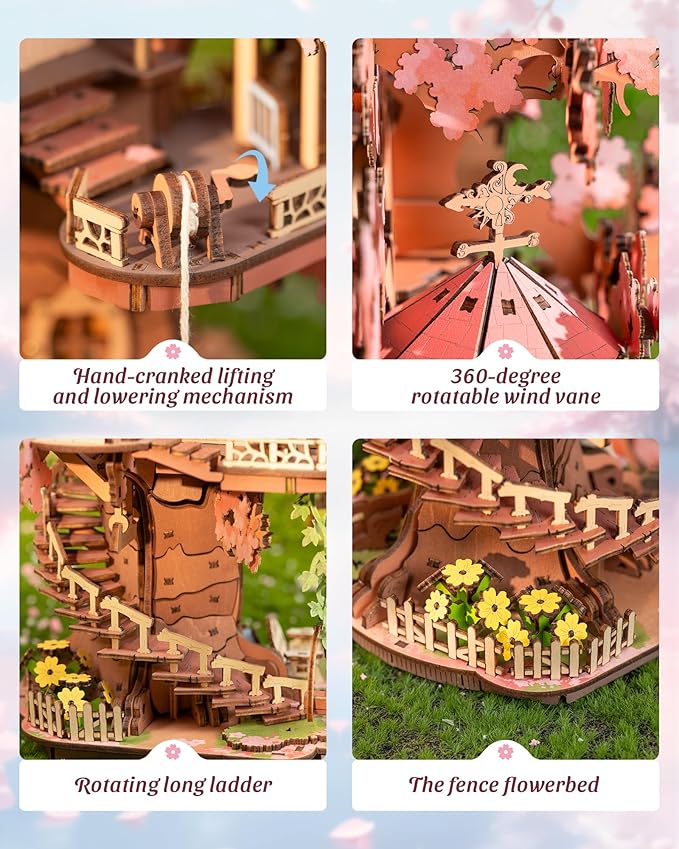 ROBOTIME DIY Miniature House Kits for Adults, 3D Wooden Puzzles for Teenager, Japanese Cherry Blossom Tree Sakura Bonsai Plants for Birthday Gifts and Hobbies (Sakura Tree House)