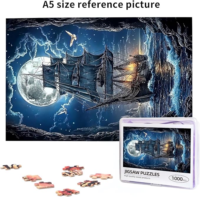 Sailboat Jigsaw Puzzles 1000 Pieces，Moon Sailboat Jigsaw Puzzles Moonlit Voyage 1000 Piece，Ocean Sea Sailing Ship Puzzles，Fantasy Puzzles for Friends Family Activity Game Nights Gifts