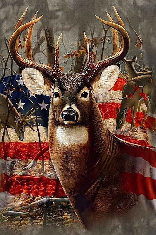300 Pieces. American Flag Deer Puzzle/Premium Quality Wooden Jigsaw/Stress Reducing Toys/Educational Toys/Parent-Child Games/Puzzles Size: 15.7 x 11 in and 1:1 Original Picture Poster