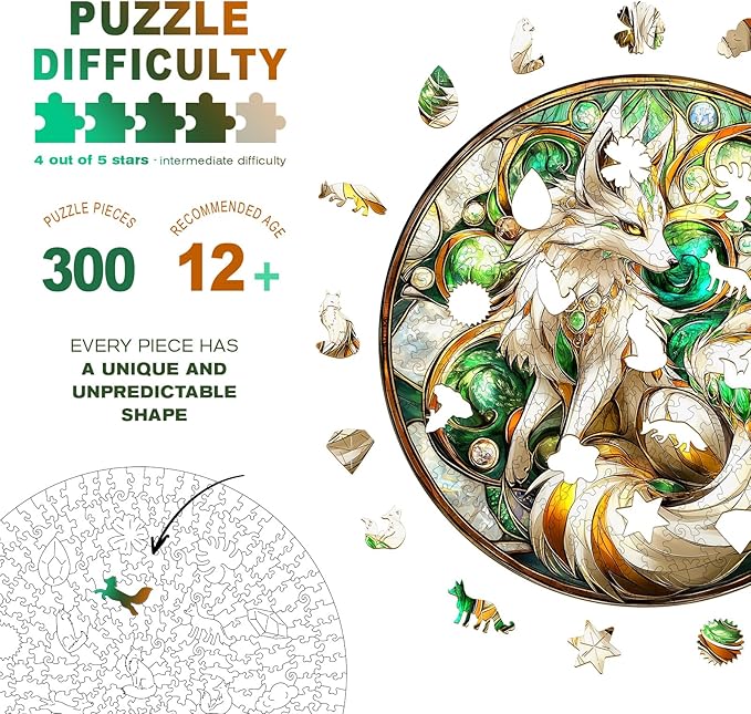 Wooden Puzzles for Adults - Elegant Fox Wooden Jigsaw Puzzle - Unique Animal Shaped Wood Puzzles Adult - Christmas Birthday Gifts for Adults/Friends/Family - 300pcs 13.3 * 13.3in