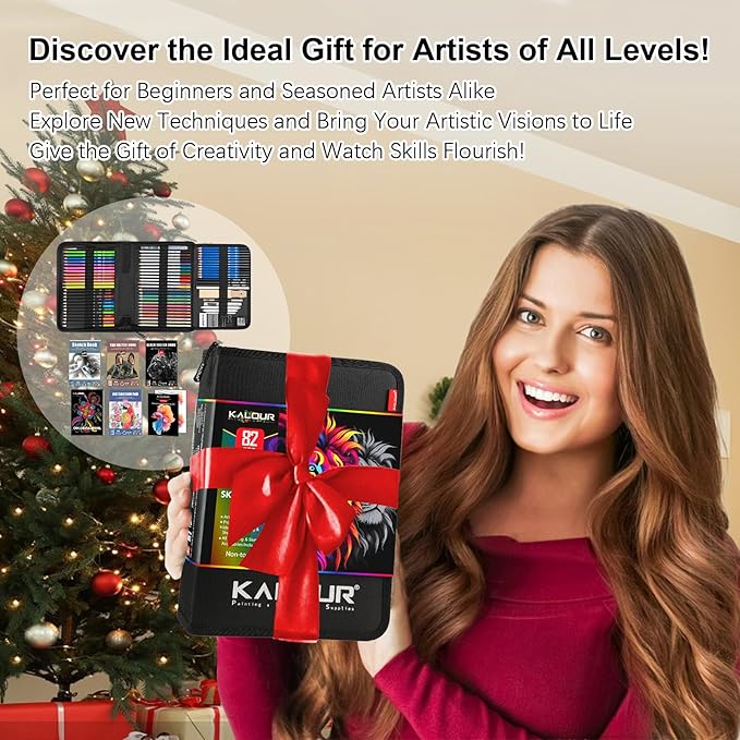 KALOUR PDAS 82 Drawing Set Sketching Kit, Art Set with Fluorescent, Colored, Watercolor, Metallic, Graphite, Charcoal Pencils, 5 Sketchbook and Coloring Book, Gift for Artists Adults Teens Beginner