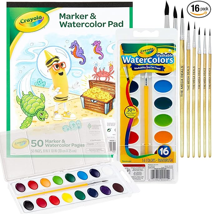 Watercolor Paint Set for Kids 16 Vivid Watercolor Paint Mixing Palette, Paper Pad and 8 Brushes, Water Color Painting Kids and Adult Beginner Supplies