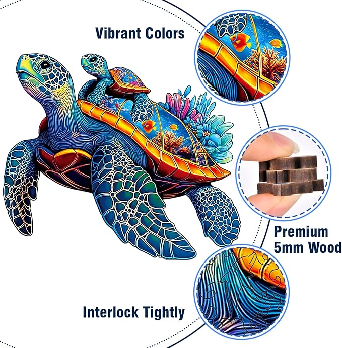 Wooden Jigsaw Puzzles for Adults Teens Kids, Parent and Child Sea Turtle Wood Puzzle, 200 Pieces Unique Animal Shaped Puzzle, Fun Challenging Family Games, 11.49" x 9.65", Gift Box Included