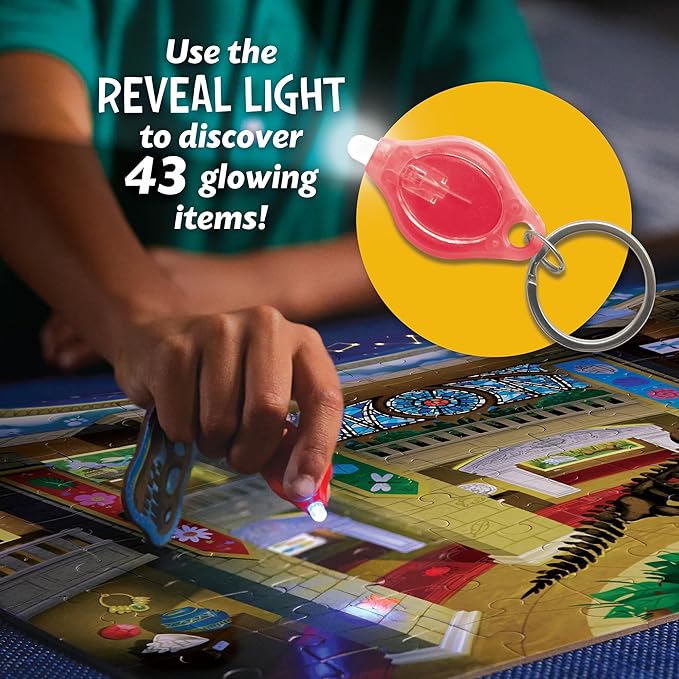 Peaceable Kingdom Museum at Midnight – 100-Pc. Seek & Find Glow Puzzle for Kids Ages 6 & Up – Included Blacklight Reveals Hidden Items – Great for Home or Classrooms