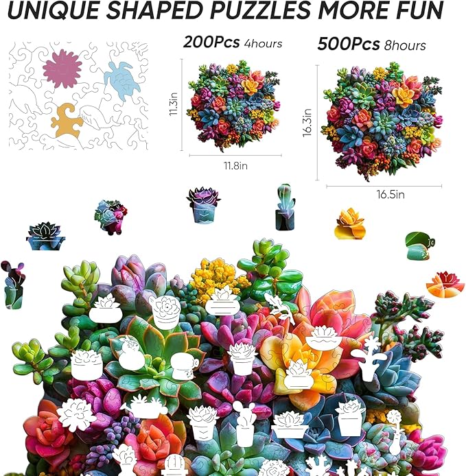 Wooden Puzzles for Adults,500Pieces Colorful Succulent Plants Jigsaw Puzzles,Unique Irregularly Shaped Animal Wooden Jigsaw Puzzle for Adult Family Game Gift,17.2 * 16.6in
