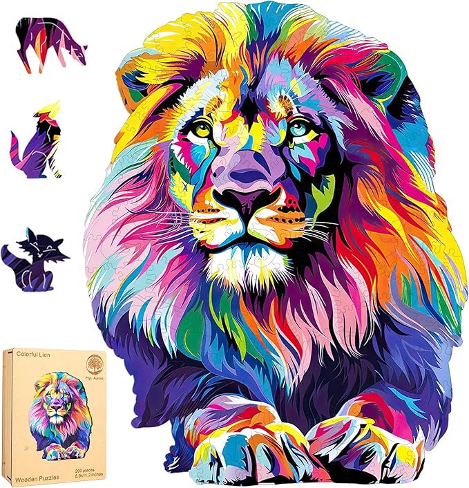 Mys Aurora Wooden Puzzles for Adults, Lion Jigsaw Puzzles 200 Pieces, Unique Shaped Puzzle for Adults and Kids, Ghristmas Gift Family Game 10.8 x 11.2 Inch