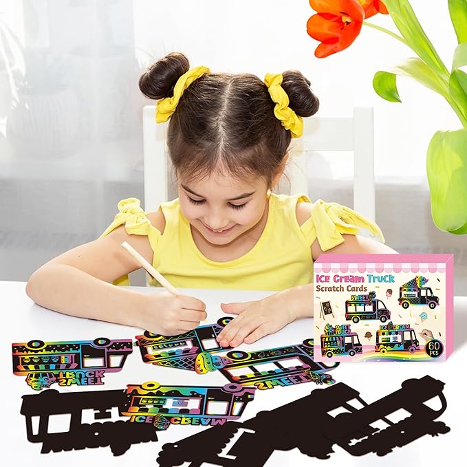 CY2SIDE Ice-Cream Truck Scratch Cards - 60PCS Summer Ice Cream Cart Scratch Craft Paper Ornament Gift Set for Kid, Dessert Truck Magic Rainbow Color Craft Kit for Kid Birthday Party School Activity