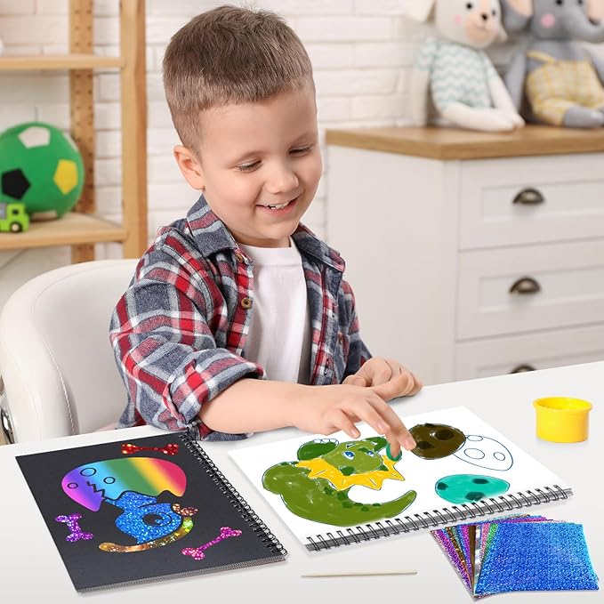 Foil Craft Dinosaur DIY Art Fun Kits, No Mess Creative Foil Art Kits Set Drawing Game for Kids, Birthday Gifts Crafts Supplies Travel Toys for Girls Boys Ages 4-9