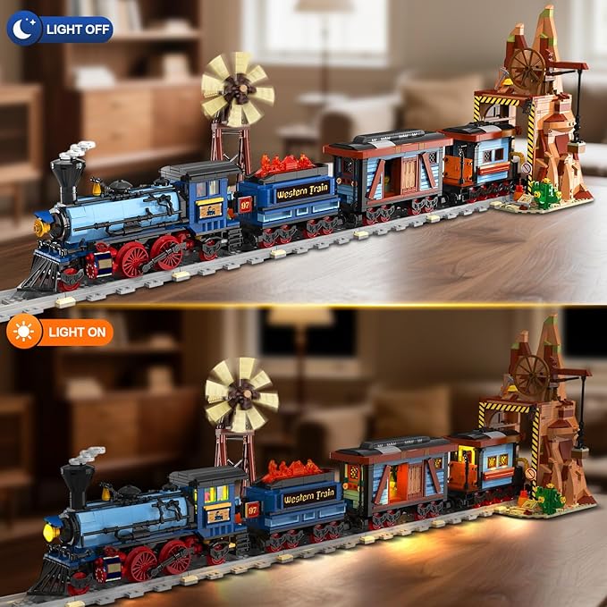 Western Train Building Set with Lights, 1912 PCS West Trains Static Display Model Toy with Tracks Windmill Water Tower, Home Office Decor Building Blocks for Adults Teens Big Boys Girls 12+