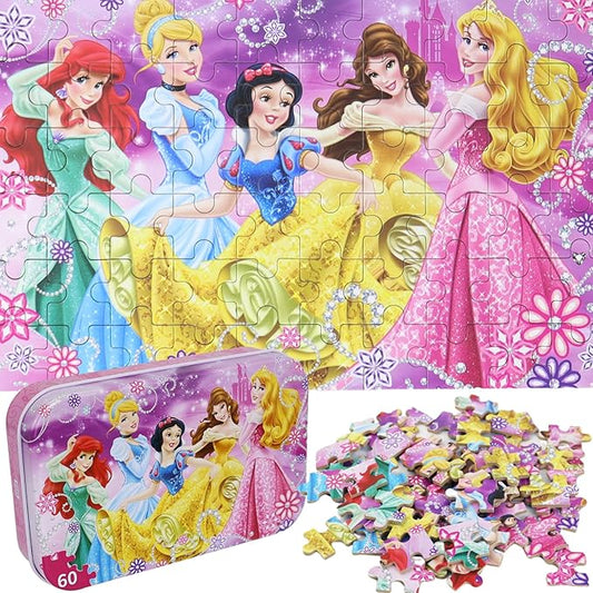 Princess Puzzles for Kids Ages 4-8 60 Pieces Jigsaw Puzzle for Girls and Boys Toys in Metal Box Educational Puzzle (Princess 0685)
