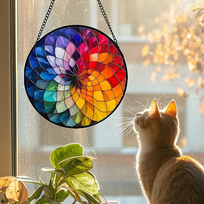 Stained Glass Window Hanging - Colorful Flowers Sun Catcher for Door Terrace Garden Home Decor, Abstract Gradient Suncatcher Birthday Gifts for Lovers Women Men Dad Mom Nana 11.8 in