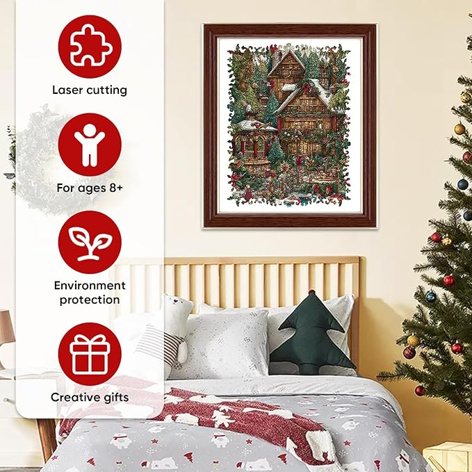 Christmas Forest House Wooden Jigsaw Puzzle for Adults - 200 Pcs, 8.9'' x 11.8'', Educational Wood Puzzle, Family Game, Brain Teaser Gift for Boys & Girls, Beautiful Packaging