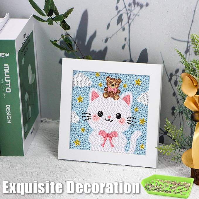 geesfayan Diamond Art Kits for Kids Ages 8-12,6 Inch DIY Gem Art Painting with 7 Inch Frame, Complete Starter Kit for Beginners, Creative Arts & Crafts Gift for Girls & Boys (Cartoon Cat)