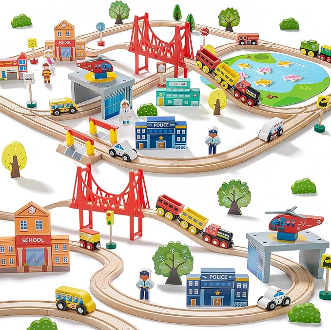 Tiny Land 110PCS Wooden Train Set – Toy Train with Tracks for Kids Ages 3-7, Compatible with Major Brands, Ideal Railway Playset for Boys and Girls, Great Birthday