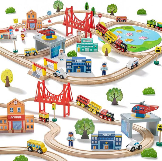 Tiny Land 110PCS Wooden Train Set – Toy Train with Tracks for Kids Ages 3-7, Compatible with Major Brands, Ideal Railway Playset for Boys and Girls, Great Birthday
