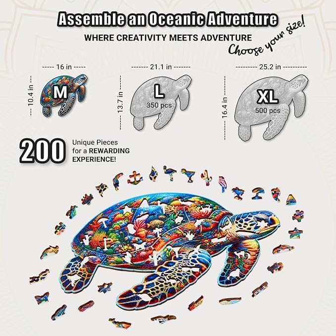 LEOGOR Wooden Jigsaw Puzzles for Adults 200 Pieces (16 × 10.4 in), Sea Turtle Puzzle, Extra-Thick 5mm Wood, Colorful Ocean Mosaic, Unique Gift for Adults and Teens