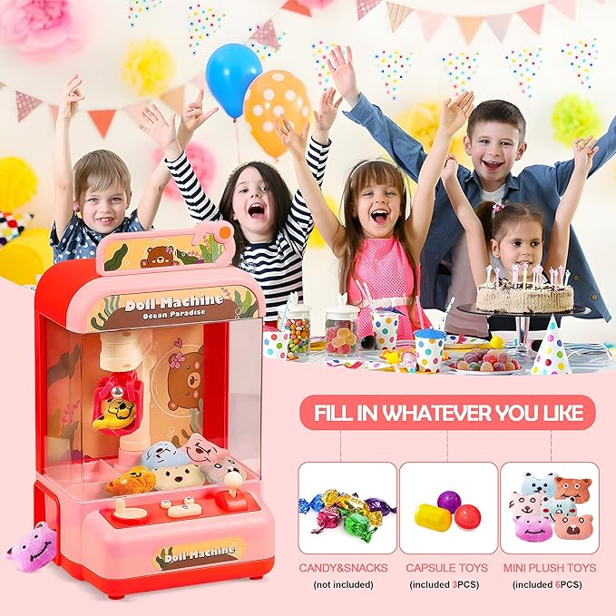 Mini Claw Machine for Kids | Girl Toys for Ages 8-13 Arcade Game Toy Claw Machine Electric Candy Vending Machine Toy with LED Lights & Adjustable Sound, Birthday Gifts for Girls Ages 4+, Red