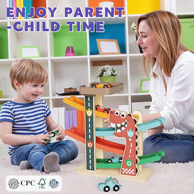 Montessori Toys for 1 Year Old, Car Ramp Track Toy for Toddlers 1-3, Wooden Toy Race Track with 4 Mini Cars, 2 Dinosaur Cars, 4 Ramps, Gift for Boys Girls Christmas Birthday