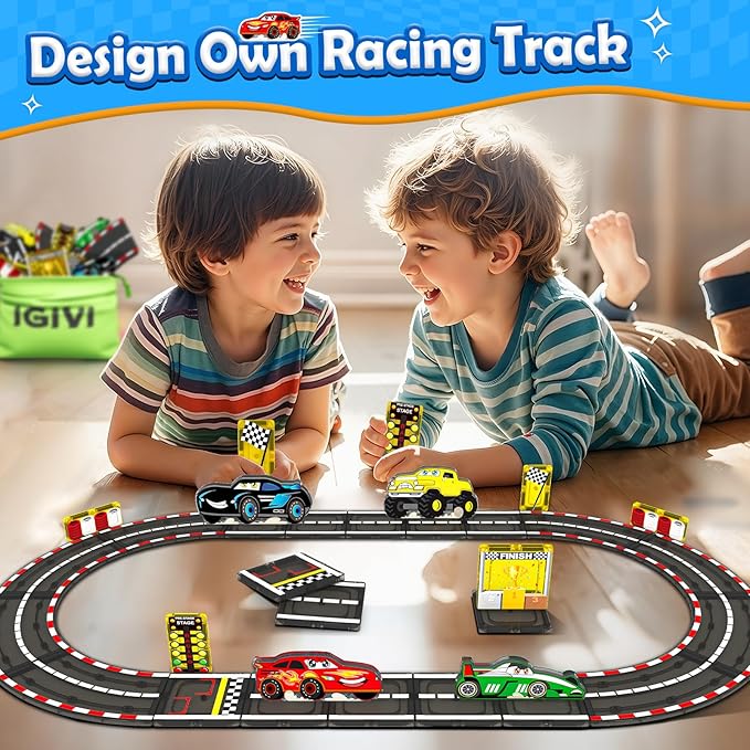 Magnetic Tiles Racing Track & Road Expansion Set with Magnet Car, Magnetic Block Building Toys Games for Toddler Kids, STEM Montessori Toys for 3+ Year Old Boys & Girls, Car Lovers Must Haves