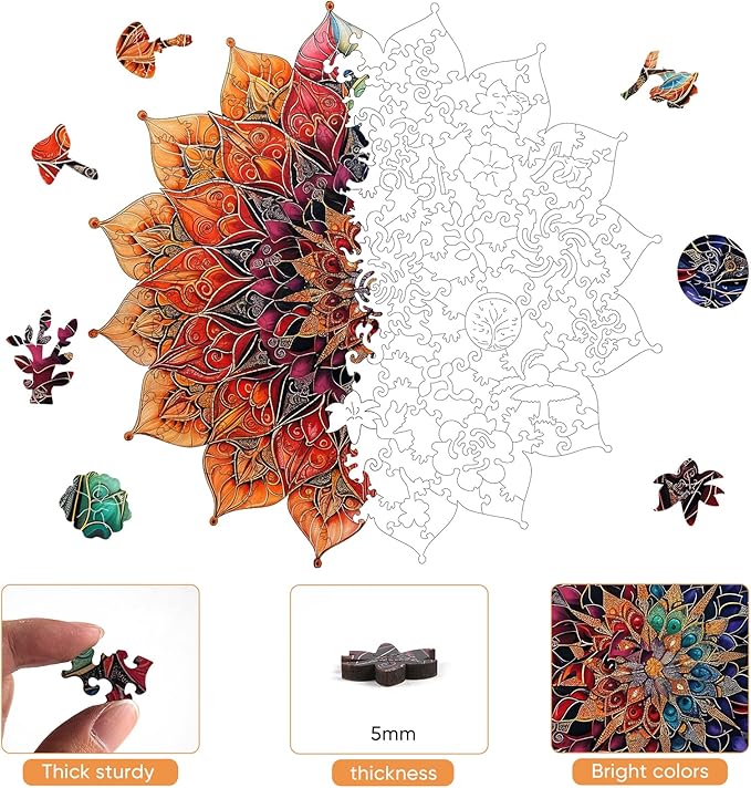 Colorful Mandala Wooden Puzzles for Adults, 200 Piece Unique Shaped Wood Jigsaw Puzzles for Adults and Kids, Fun Challenging Puzzles Family Game Gift, Medium 11.4'' x 11.1''