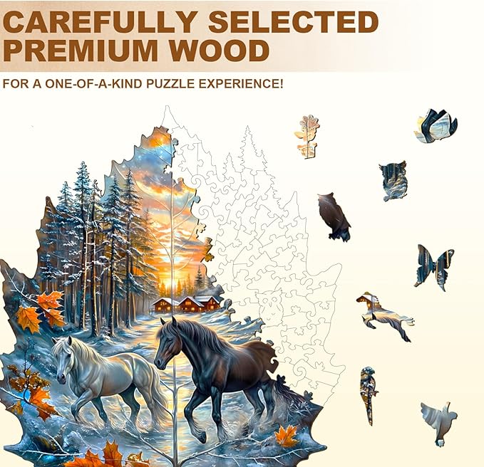Wooden Puzzle for Adults-Wooden Puzzle Unique Shape Advanced Winter of The Stallion Wooden Jigsaw Puzzle for Adult, Wood Puzzles,Challenge Wooden Jigsaw Puzzle（M-11.4 * 10.1in 200pcs）
