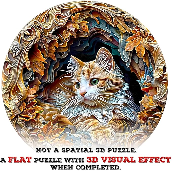 Wooden Puzzles for Adults, 3D Visual Effects Inside The Cave with A Persian Cat Wooden Jigsaw Puzzles for Adults, Unique Shape, Wood Puzzles Adult, Wall Art Home Decor (S-8.4 * 8.4in -100 Pcs)