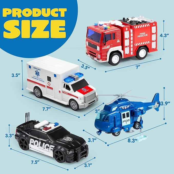 JOYIN 4 Packs Emergency Vehicle Toy Playsets, Friction Powered Vehicles with Light and Sound, Including Fire Truck, Ambulance, Play Police Car and Helicopter, Christmas Toddler Kids Boys Gifts