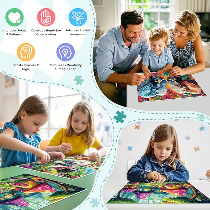 3-Pack 100 Piece Puzzles for Kids,Running Dogs Elephant Mushroom Puzzle for Kids Age 4-6 6-8 8-10,Unique Large Piece Jigsaw Puzzle,Recycled Paper,Bright & Colorful Educational Puzzle,Boys Girls Gift
