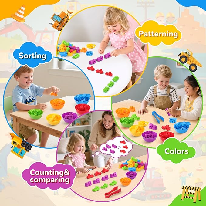 USATDD Counting Construction Vehicles Color Sorting Preschool Learning Matching Games Fine Motor Skills Toys Montessori Classroom Sensory Table Toys for Kids Gift for Toddlers 3 4 5