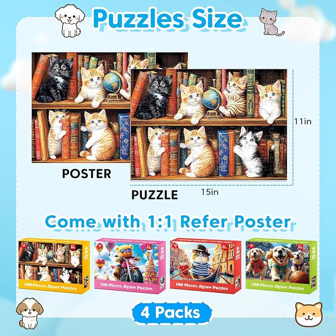 4 x 100 Piece Puzzles for Kids Ages 6-8 8-10 Year Old - Bear Cats & Dogs Large Piece Jigsaw Puzzles for Toddlers 5-8 100 Piece Puzzle for Adults Kids Learning Puzzle Toys Gifts for Girls Boys