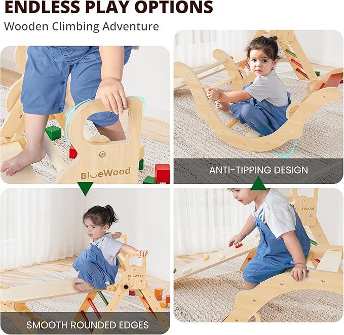 BlueWood Pikler Triangle Set, Toddler Wooden Climbing Toys Indoor 7in1 Foldable Climber for Kids, Montessori Philosophy Play Jungle Gym with Arch, Ramp, Ladder (Warm Winter Christmas)