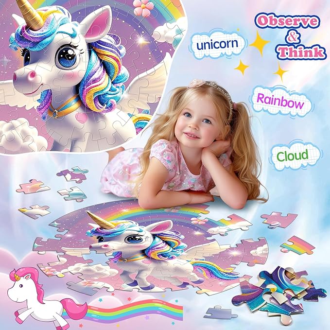 72 Pieces Shimmery Jumbo Unicorn Floor Puzzle for Girls 3-5 4-6 Age Floor Puzzles for Boys and Girls Large Round Floor Jigsaw Puzzles (Unicorn)