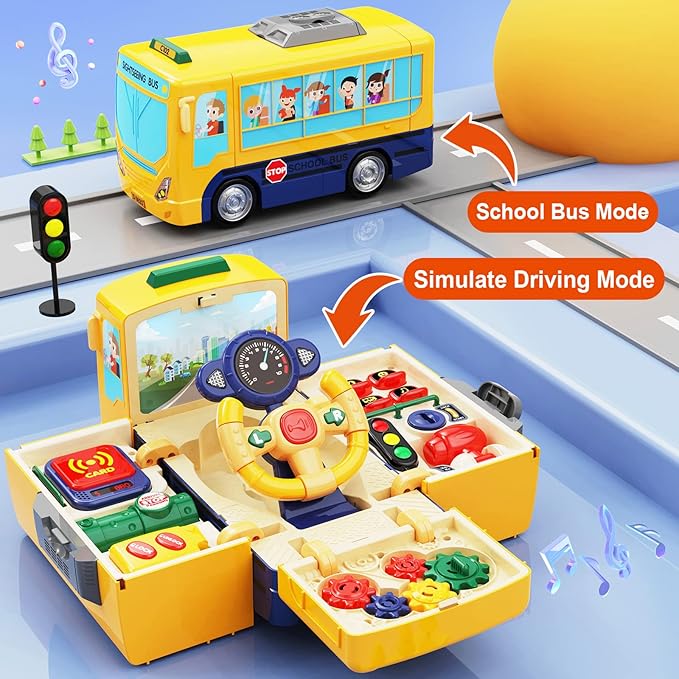 HONGTUO School Bus Toy with Sound and Light Simulation Steering Wheel Driving Toy Toddlers School Bus Toys with Music Education Knowledge Simulate School Scenes Gift for 3-5 Boys & Girls