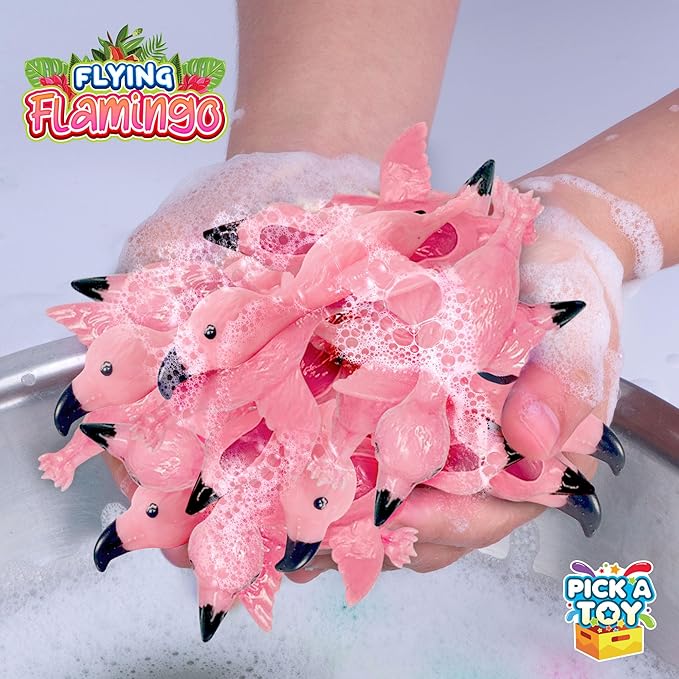 PICK A TOY 36 Pcs Flamingo Party Favors Toys for Kids, Bird Shooter Game Finger Flicker, Tropical Themed Decorations, Treasure Chest for Kids Prizes, Flying Chicken Slingshot