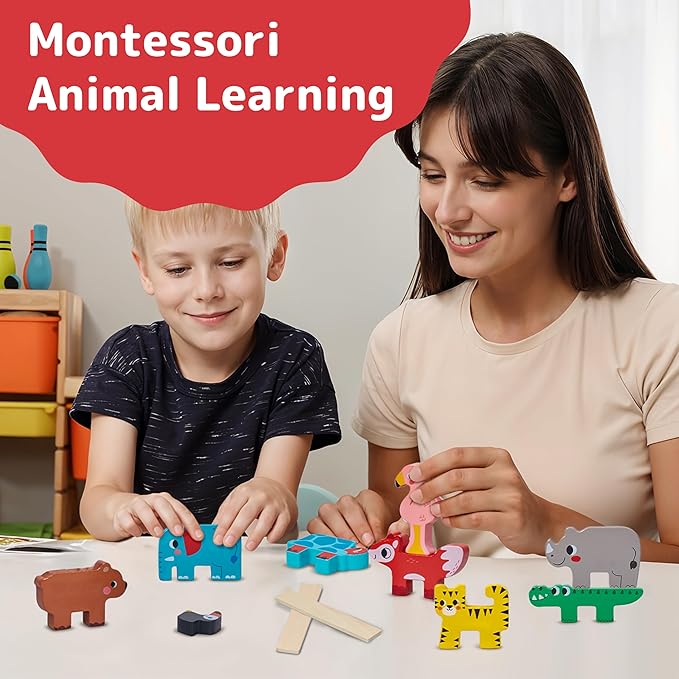 PREXTEX Wooden Stacking Toys - Montessori-Inspired Wooden Sorting Play Set - Educational Balance and Motor Skills Set, Colorful Zoo Animal with 9 Animals, 2 Boards, Carrying Pouch - Ages 18 Months+