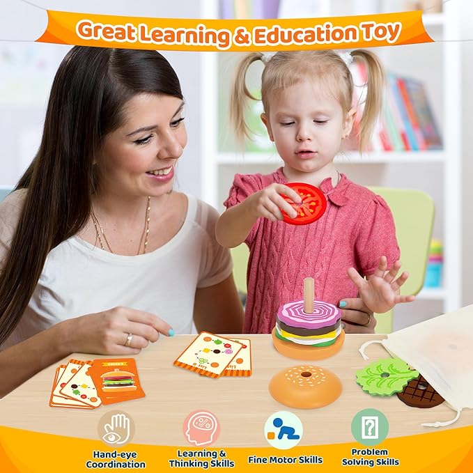 Jumlys Montessori Wooden Burger Stacking Toys for 2, 3, 4, 5 Year Olds, Fine Motor Toys for Kids Boys Girls, Ideal Preschool Educational and Learning Toys, Perfect Christmas Birthday Gifts