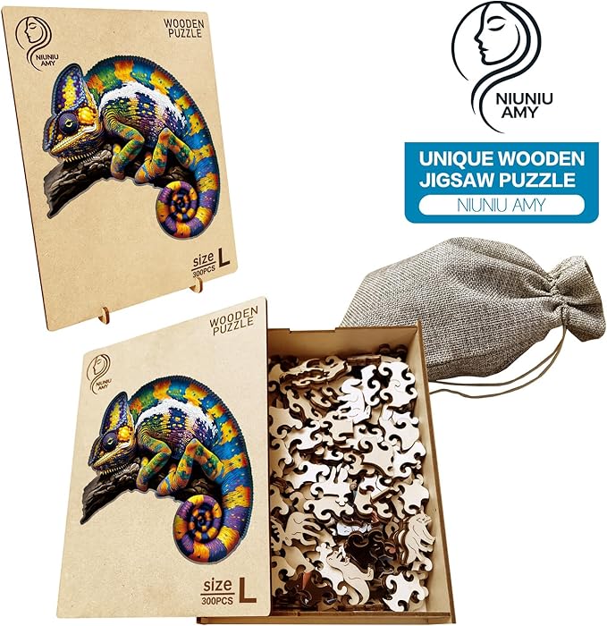 Wooden Puzzles,Chameleon Jigsaw Puzzles,300 Pieces Colorful Animal Puzzle,Birthday Gift Family Game 14.9 x 14.9 Inch,Unique Shaped Wooden Puzzle for Adults