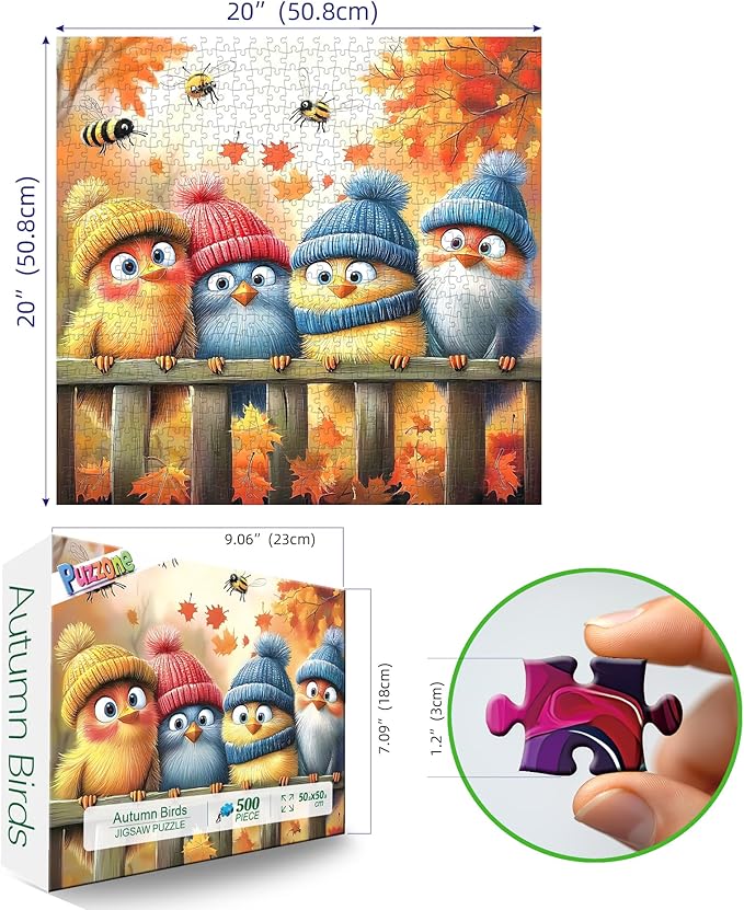 Autumn Birds 500 Piece Jigsaw Puzzle for Adults Cute Fall Nature Landscape Cartoon Baby Birds with Winter Hats Family Challenging Puzzle with Letters on Back Perfect for Game Night (23"X15")