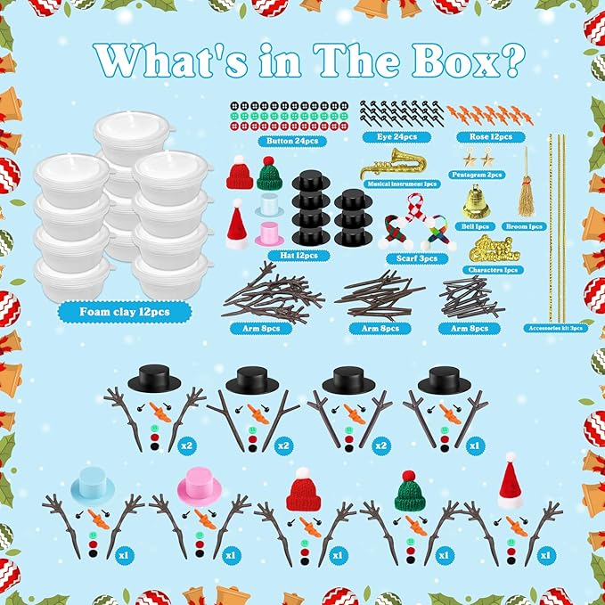 12 Pack Build a Snowman Kit, DIY Christmas Crafts for Kids, Modeling Clay Snowman DIY Kit, Christmas Crafts Xmas Gift Winter