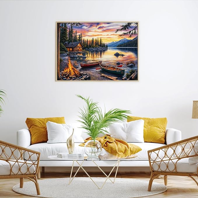 Lakeside Cobin Jigsaw Puzzles 1000 Pieces for Adults Cozy Campfire Canoes 1000 Piece Jigsaw Puzzles for Adults