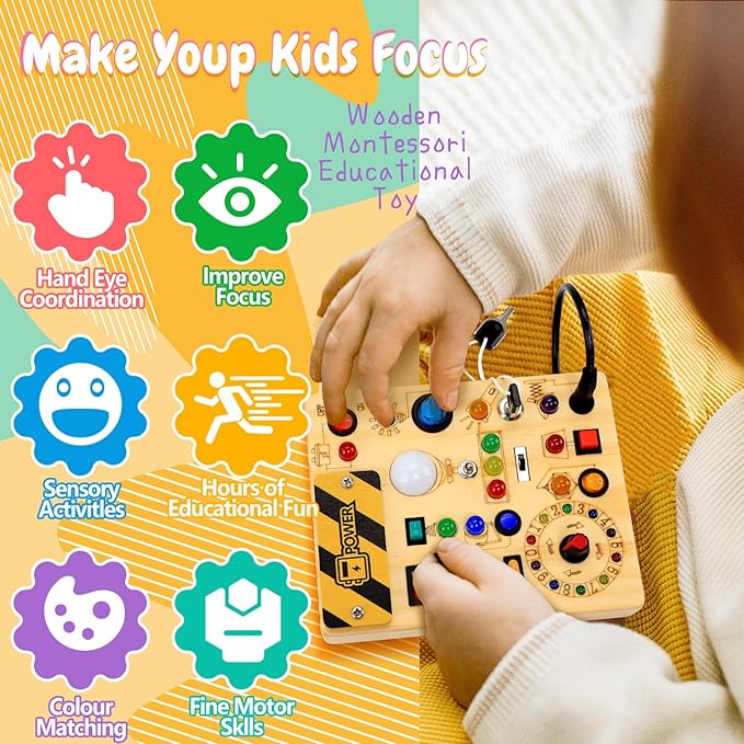 Busy Board with LED Light Switches, Montessori Toys for 1 2 3 Years Old, Toddlers Wooden Toy Sensory Activity Board, Travel Toys for 1+ Year Old Boy & Girl Birthday Gift