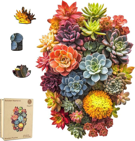 delobi Succulent Waterfall Wooden Puzzles, 200 Pieces Jigsaw Puzzles 13.1'' x 8.9'', Unique Design Liberty Wooden Puzzles for Adults and Kids, Family Game Gift Royal Size