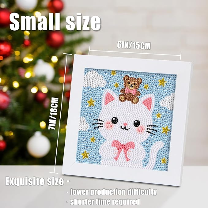 geesfayan Diamond Art Kits for Kids Ages 8-12,6 Inch DIY Gem Art Painting with 7 Inch Frame, Complete Starter Kit for Beginners, Creative Arts & Crafts Gift for Girls & Boys (Cartoon Cat)
